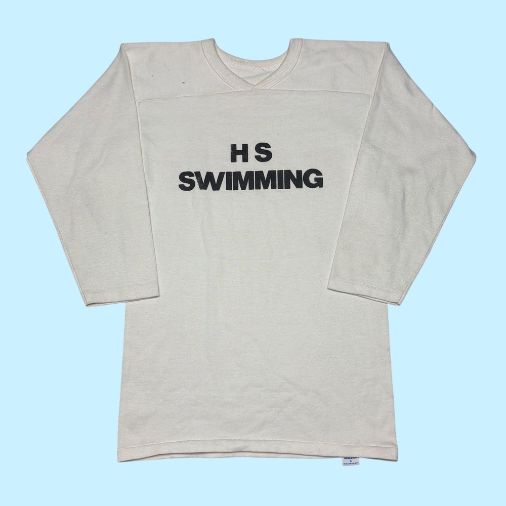 Vintage Russell Athletic HS Swimming Jersey Shirt White V-Neck Mens Small